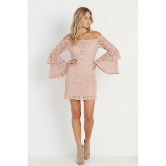 Jen's Pirate Booty Dresses & Skirts - Jen’s Pirate Booty Pink French Lace Bell Sleeve Off Shoulder Mini Dress | Boho S